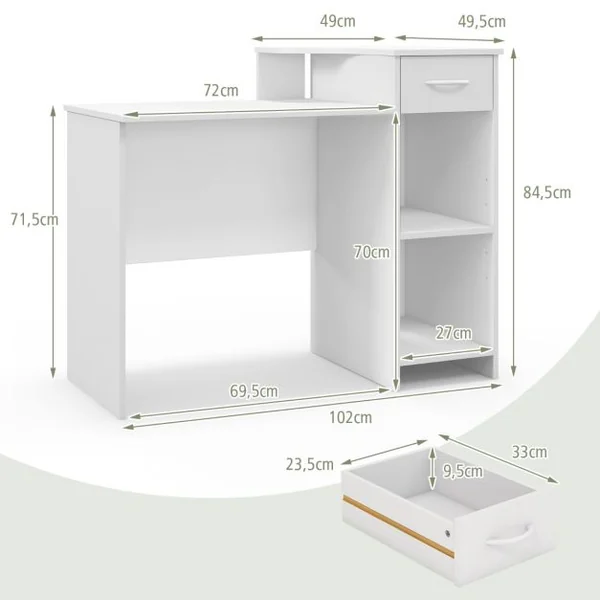 Bureau Moderne Tiroir Etagère Réglable Trou pour Câbles Bureau d'Ecriture Bureau d'Etude pour Ecran Station de Travail 102x49,5x84,5cm Blanc