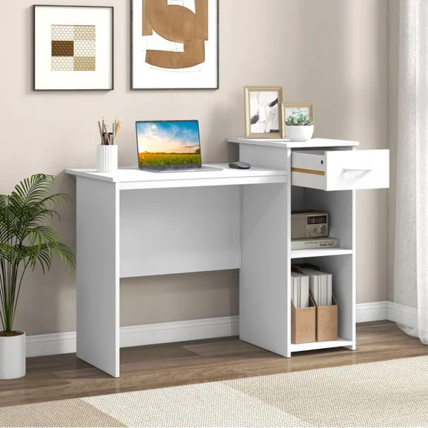 Bureau Moderne Tiroir Etagère Réglable Trou pour Câbles Bureau d'Ecriture Bureau d'Etude pour Ecran Station de Travail 110x50x82cm Blanc