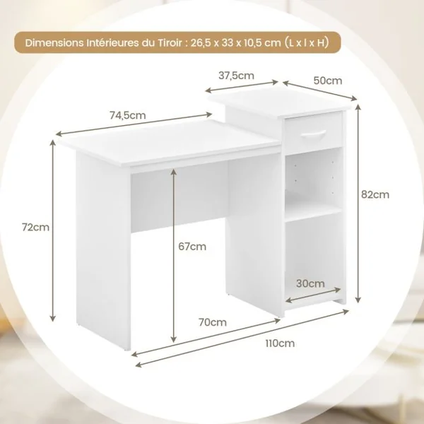 Bureau Moderne Tiroir Etagère Réglable Trou pour Câbles Bureau d'Ecriture Bureau d'Etude pour Ecran Station de Travail 110x50x82cm Blanc