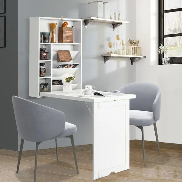 Bureau Mural Pliable Étagère Réglable à 3 Positions Espace de Stockage Indépendant Multicouche Économiser de l'Espace