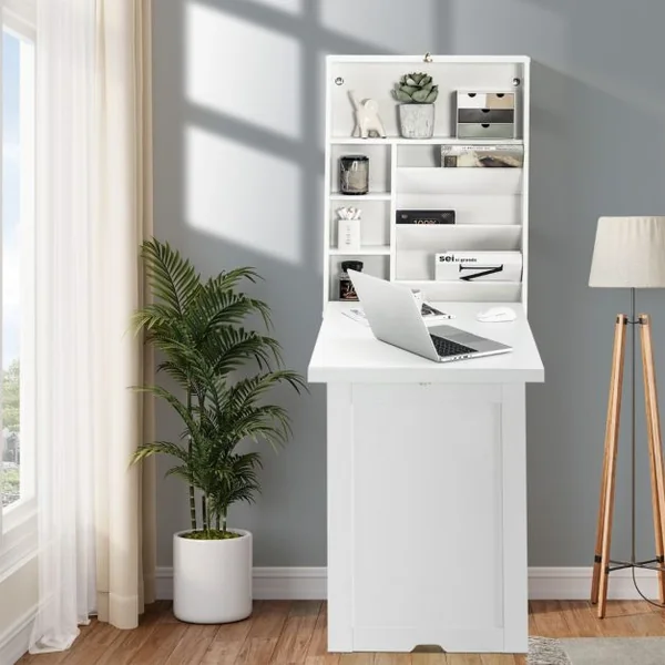 Bureau Mural Pliable Étagère Réglable à 3 Positions Espace de Stockage Indépendant Multicouche Économiser de l'Espace