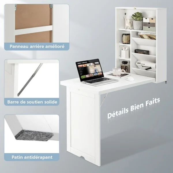 Bureau Mural Pliable Étagère Réglable à 3 Positions Espace de Stockage Indépendant Multicouche Économiser de l'Espace