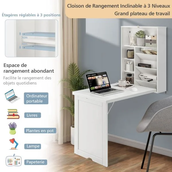 Bureau Mural Pliable Étagère Réglable à 3 Positions Espace de Stockage Indépendant Multicouche Économiser de l'Espace