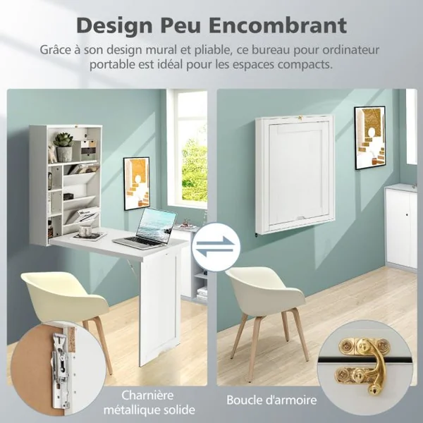 Bureau Mural Pliable Étagère Réglable à 3 Positions Espace de Stockage Indépendant Multicouche Économiser de l'Espace
