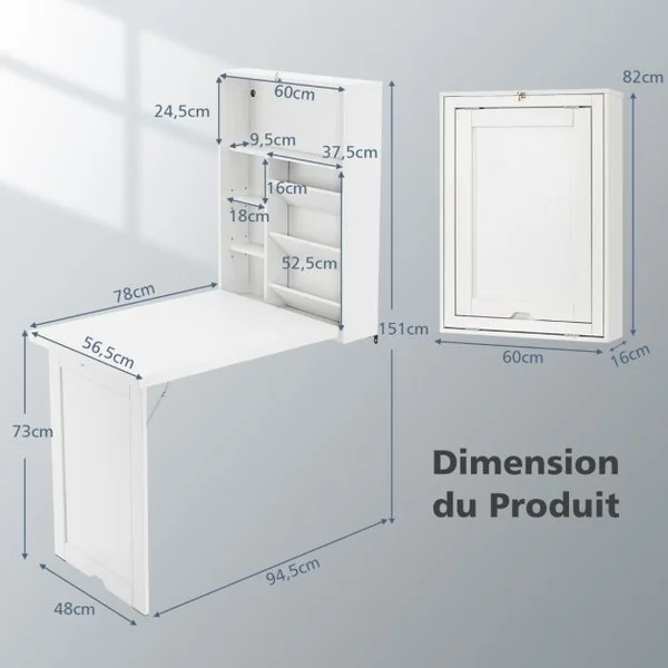 Bureau Mural Pliable Étagère Réglable à 3 Positions Espace de Stockage Indépendant Multicouche Économiser de l'Espace