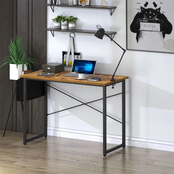 Bureau Porte-documents Latéral Cadre en Métal Table de Travail Style Industriel 102 x 51x 76 CM Marron