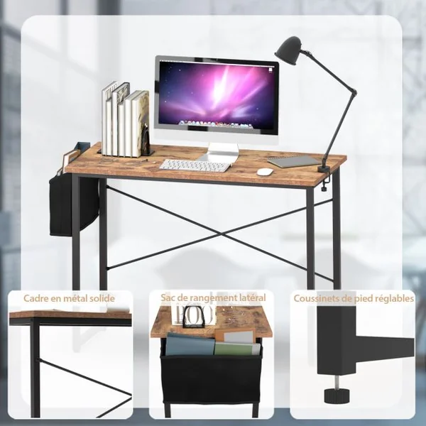 Bureau Porte-documents Latéral Cadre en Métal Table de Travail Style Industriel 102 x 51x 76 CM Marron