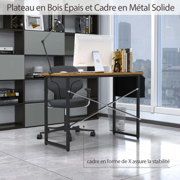 Bureau Porte-documents Latéral Cadre en Métal Table de Travail Style Industriel 102 x 51x 76 CM Marron