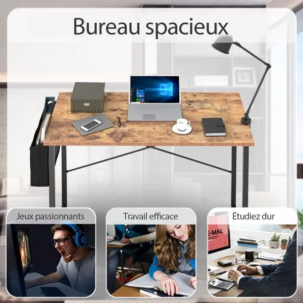 Bureau Porte-documents Latéral Cadre en Métal Table de Travail Style Industriel 102 x 51x 76 CM Marron