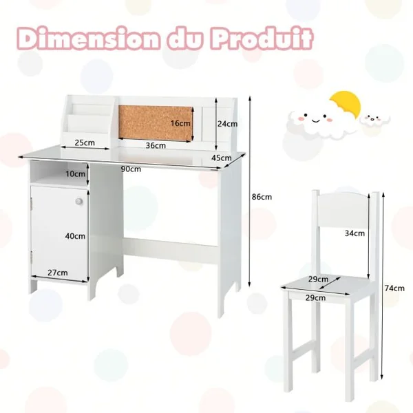 Bureau pour Enfants avec Chaise Tableau d'Affichage Bibliothèque en Bois pour le Salon Chambre d'enfants 3+ Ans
