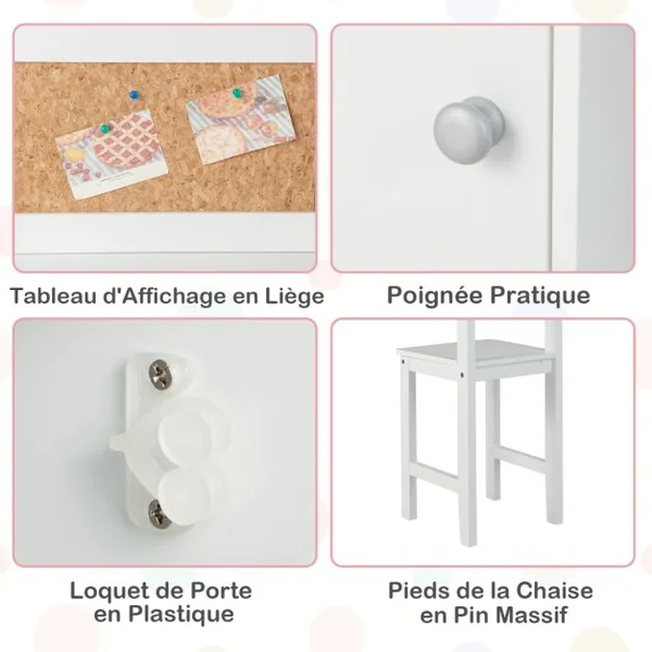 Bureau pour Enfants avec Chaise Tableau d'Affichage Bibliothèque en Bois pour le Salon Chambre d'enfants 3+ Ans