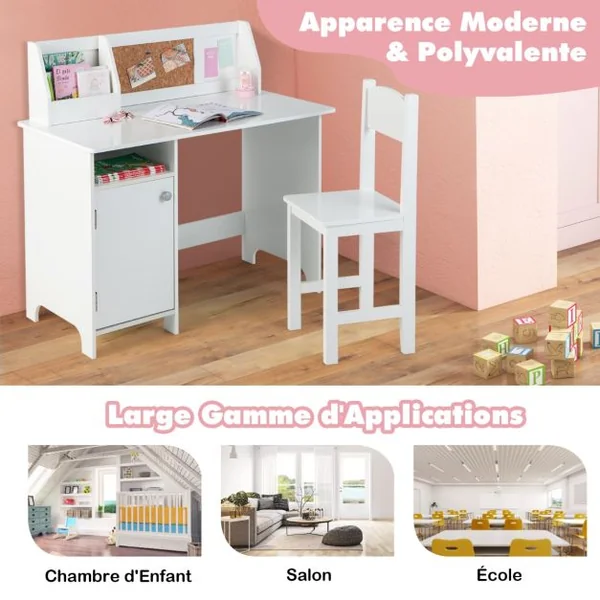 Bureau pour Enfants avec Chaise Tableau d'Affichage Bibliothèque en Bois pour le Salon Chambre d'enfants 3+ Ans