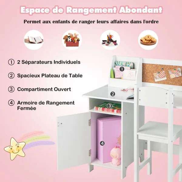 Bureau pour Enfants avec Chaise Tableau d'Affichage Bibliothèque en Bois pour le Salon Chambre d'enfants 3+ Ans