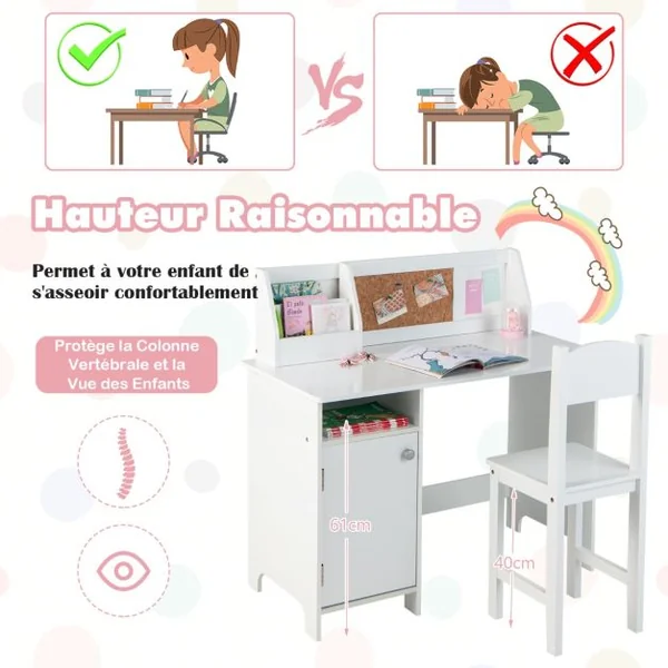 Bureau pour Enfants avec Chaise Tableau d'Affichage Bibliothèque en Bois pour le Salon Chambre d'enfants 3+ Ans