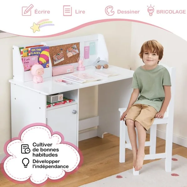 Bureau pour Enfants avec Chaise Tableau d'Affichage Bibliothèque en Bois pour le Salon Chambre d'enfants 3+ Ans