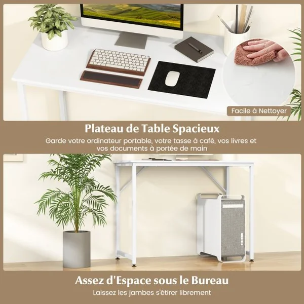 Bureau pour Ordinateur Portable Bureau D'Ecriture avec Cadre en Métal Robuste Bureau avec Repose-pieds Réglables Blanc
