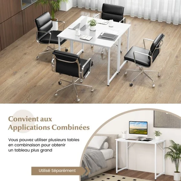 Bureau pour Ordinateur Portable Bureau D'Ecriture avec Cadre en Métal Robuste Bureau avec Repose-pieds Réglables Blanc