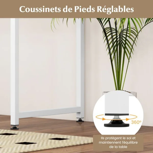 Bureau pour Ordinateur Portable Bureau D'Ecriture avec Cadre en Métal Robuste Bureau avec Repose-pieds Réglables Blanc