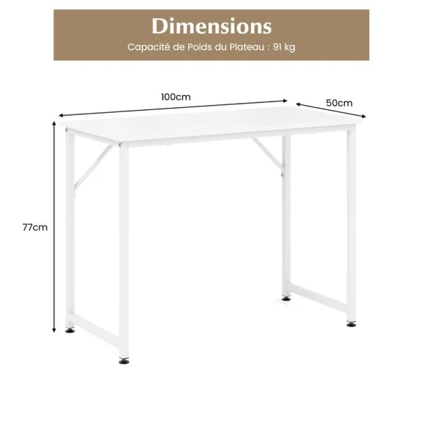Bureau pour Ordinateur Portable Bureau D'Ecriture avec Cadre en Métal Robuste Bureau avec Repose-pieds Réglables Blanc