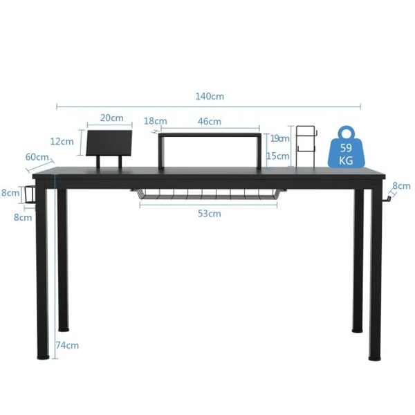 Bureau / Table de Travail 140 x 60 x 74 cm (L x l x H) Etagère pour Ecran Support pour Tablette Crochet Casque