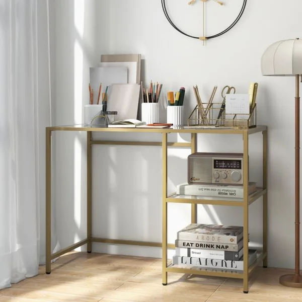 Bureau Transparent à 2 Étagères 106 x 51 x 76 CM en Verre Trempé Cadre en Métal Doré Style Scandinave Moderne Or