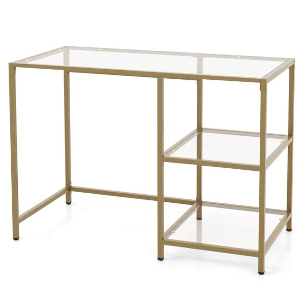 Bureau Transparent à 2 Étagères 106 x 51 x 76 CM en Verre Trempé Cadre en Métal Doré Style Scandinave Moderne Or