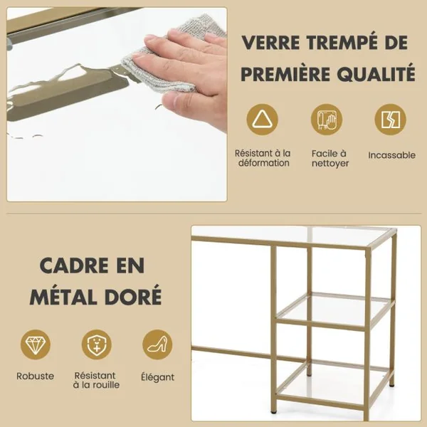 Bureau Transparent à 2 Étagères 106 x 51 x 76 CM en Verre Trempé Cadre en Métal Doré Style Scandinave Moderne Or