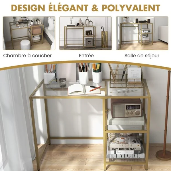 Bureau Transparent à 2 Étagères 106 x 51 x 76 CM en Verre Trempé Cadre en Métal Doré Style Scandinave Moderne Or