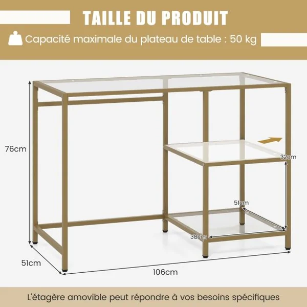 Bureau Transparent à 2 Étagères 106 x 51 x 76 CM en Verre Trempé Cadre en Métal Doré Style Scandinave Moderne Or