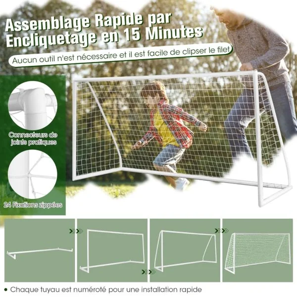 But de Football 365x182cm Toutes Saisons Cadre en Pvc Solide Filet Haute Résistance 6 Piquets de Sol Assemblage Facile Équipement de Football