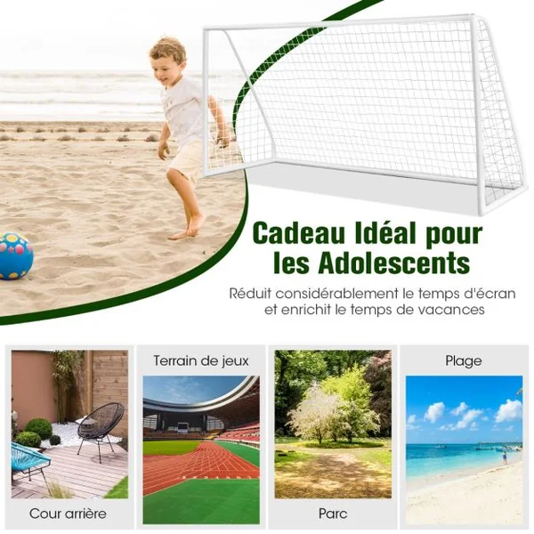 But de Football 365x182cm Toutes Saisons Cadre en Pvc Solide Filet Haute Résistance 6 Piquets de Sol Assemblage Facile Équipement de Football