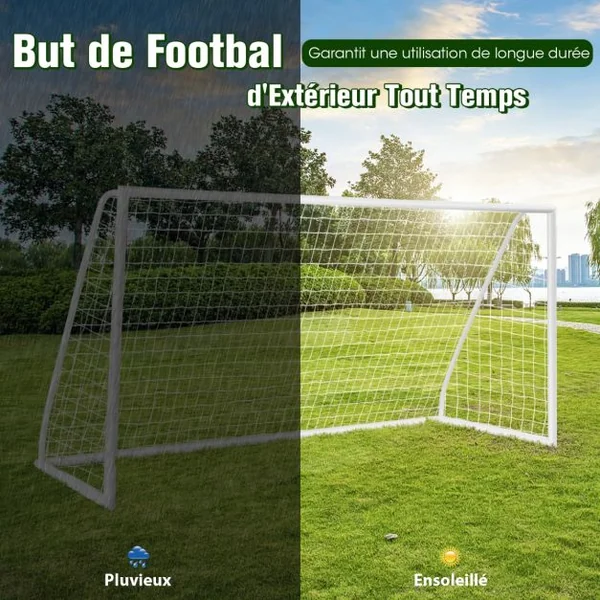 But de Football 365x182cm Toutes Saisons Cadre en Pvc Solide Filet Haute Résistance 6 Piquets de Sol Assemblage Facile Équipement de Football