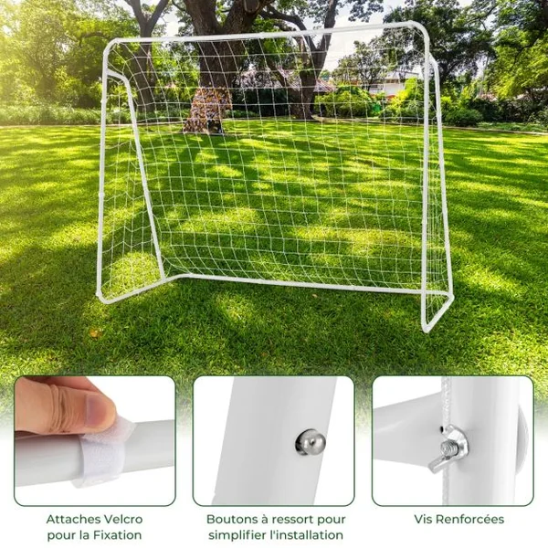 But de Football Enfant Exterieur 215 x 152 cm Cage de Foot avec Filet Résistant aux Intempéries et cadre en Métal Piquets de Sol