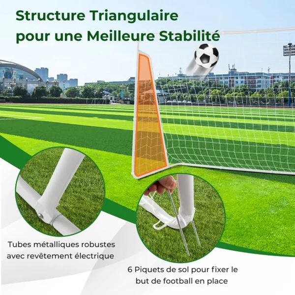 But de Football Enfant Exterieur 215 x 152 cm Cage de Foot avec Filet Résistant aux Intempéries et cadre en Métal Piquets de Sol