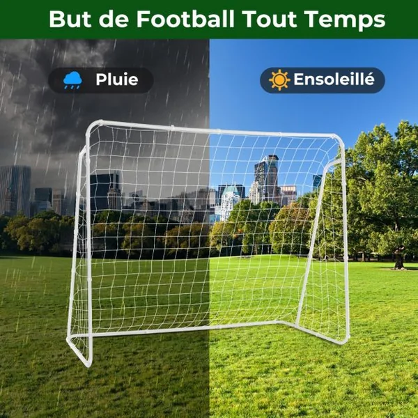 But de Football Enfant Exterieur 215 x 152 cm Cage de Foot avec Filet Résistant aux Intempéries et cadre en Métal Piquets de Sol