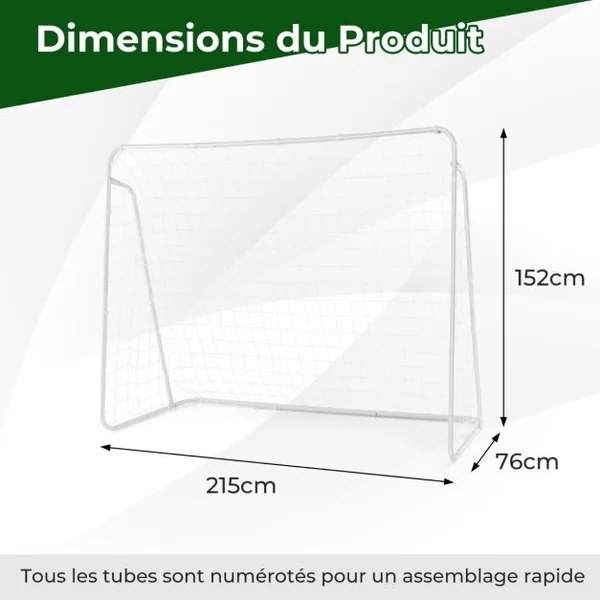 But de Football Enfant Exterieur 215 x 152 cm Cage de Foot avec Filet Résistant aux Intempéries et cadre en Métal Piquets de Sol