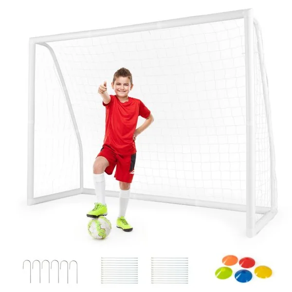 But de Football Exterieur 245 x 182 cm Cage de Foot avec Filet Résistant aux Intempéries et Cadre UPVC Piquets de Sol et Cônes de Football