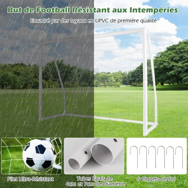 But de Football Exterieur 245 x 182 cm Cage de Foot avec Filet Résistant aux Intempéries et Cadre UPVC Piquets de Sol et Cônes de Football