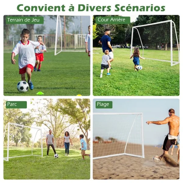 But de Football Exterieur 245 x 182 cm Cage de Foot avec Filet Résistant aux Intempéries et Cadre UPVC Piquets de Sol et Cônes de Football