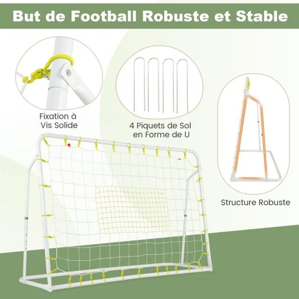 But de Football Exterieur 2 en 1 à 187 x 122,5 cm Cage de Foot avec Filet de Rebond Angle Réglable Cadre en Métal pour 6+ Ans Blanc/Noir