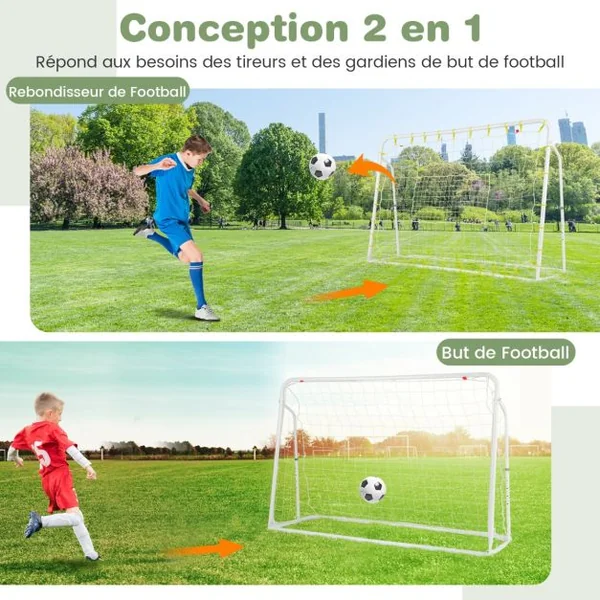 But de Football Exterieur 2 en 1 à 187 x 122,5 cm Cage de Foot avec Filet de Rebond Angle Réglable Cadre en Métal pour 6+ Ans Blanc/Noir