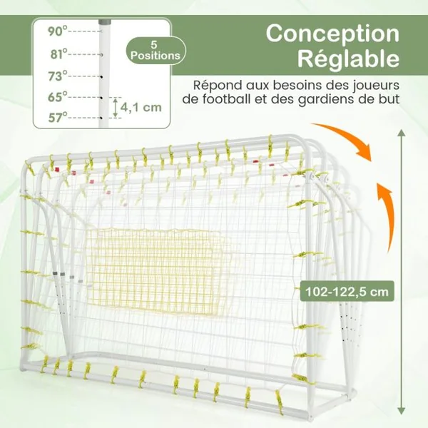 But de Football Exterieur 2 en 1 à 187 x 122,5 cm Cage de Foot avec Filet de Rebond Angle Réglable Cadre en Métal pour 6+ Ans Blanc/Noir