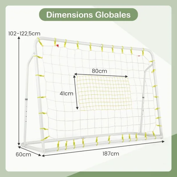 But de Football Exterieur 2 en 1 à 187 x 122,5 cm Cage de Foot avec Filet de Rebond Angle Réglable Cadre en Métal pour 6+ Ans Blanc/Noir