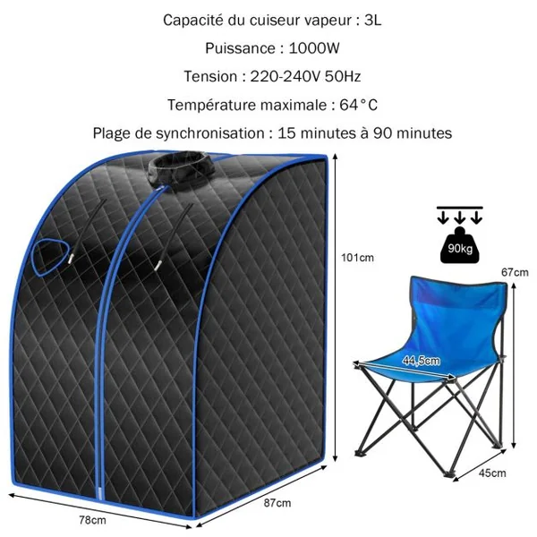 Cabine de Sauna Portable Pliable 3L avec Télécommande 9 Options de Minuterie Fonction de Vaporisation Puissance 1000 W Noir/Gris/Argent
