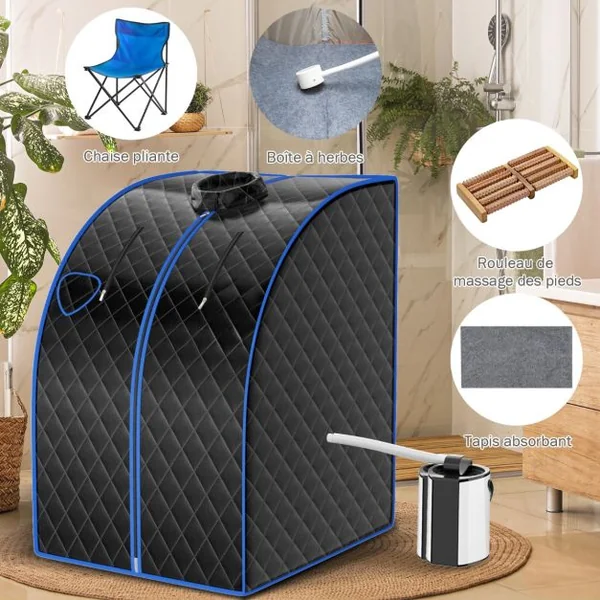Cabine de Sauna Portable Pliable 3L avec Télécommande 9 Options de Minuterie Fonction de Vaporisation Puissance 1000 W Noir/Gris/Argent