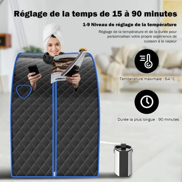 Cabine de Sauna Portable Pliable 3L avec Télécommande 9 Options de Minuterie Fonction de Vaporisation Puissance 1000 W Noir/Gris/Argent