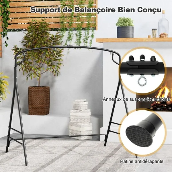 Cadre de Balançoire en Métal Support de Balançoire de Porche Robuste en Forme de ‘A’ Barres Latérales Conception à 2 Anneaux pour Balancelle Noir