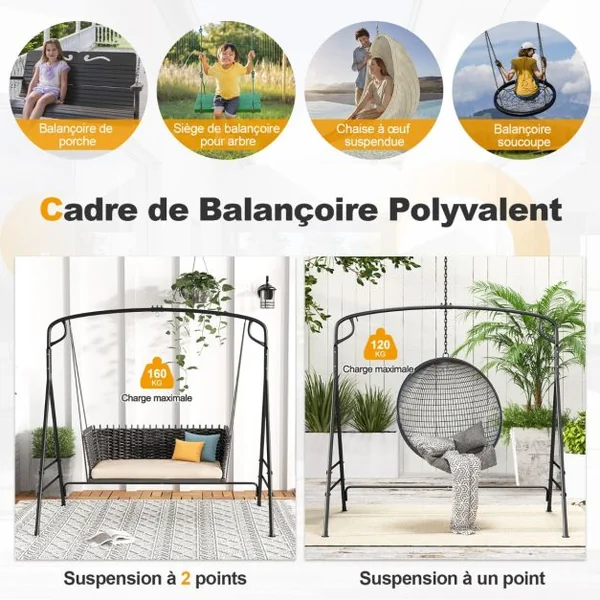 Cadre de Balançoire en Métal Support de Balançoire de Porche Robuste en Forme de ‘A’ Barres Latérales Conception à 2 Anneaux pour Balancelle Noir