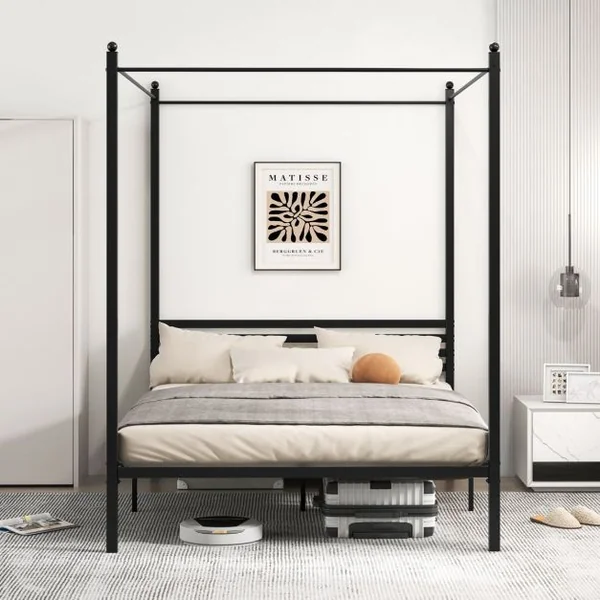 Cadre de Lit Double à Baldaquin 200 x 140 cm Lit Plateforme en Métal à 4 Baldaquins Tête de Lit Rangement sous le Lit Sommier à Lattes Noir