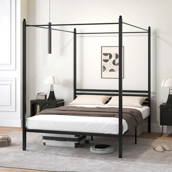 Cadre de Lit Double à Baldaquin 200 x 140 cm Lit Plateforme en Métal à 4 Baldaquins Tête de Lit Rangement sous le Lit Sommier à Lattes Noir